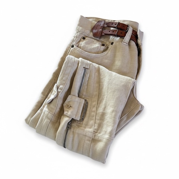 Ralph Lauren Cream, 100% Linen Pants with Leather Brown Accents - Picture 5 of 10